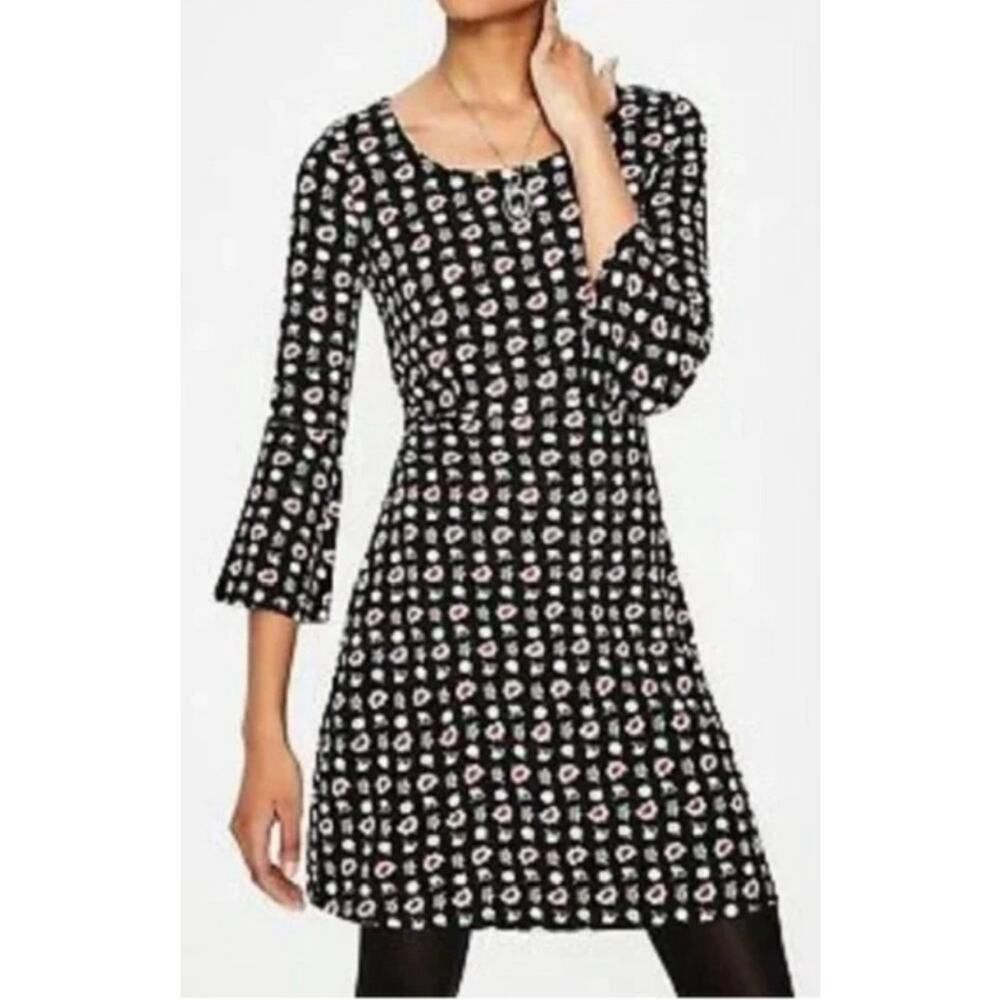 Boden Miriam Jersey Tunic Dress, black floral pattern,bell sleeves, size 14 long